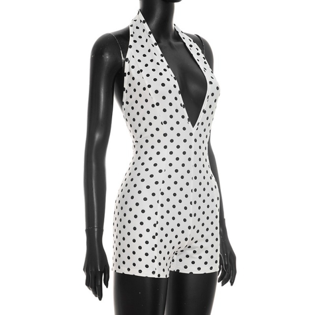 Polka Dots Printed Halter V Neck Backless Fitted Romper