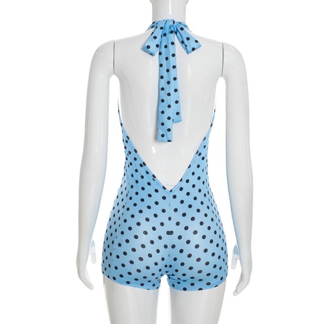 Polka Dots Printed Halter V Neck Backless Fitted Romper