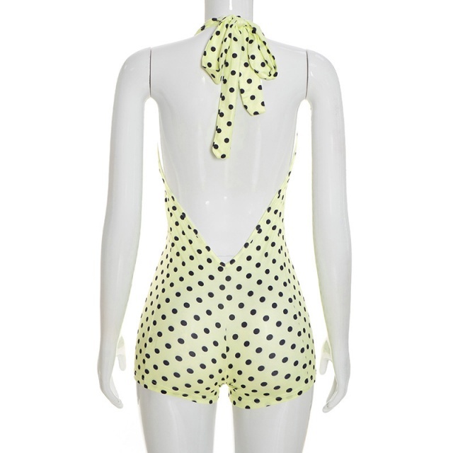 Polka Dots Printed Halter V Neck Backless Fitted Romper