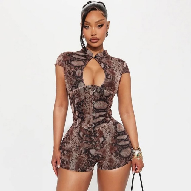 Printed Hollow Out Slim Fitted Romper