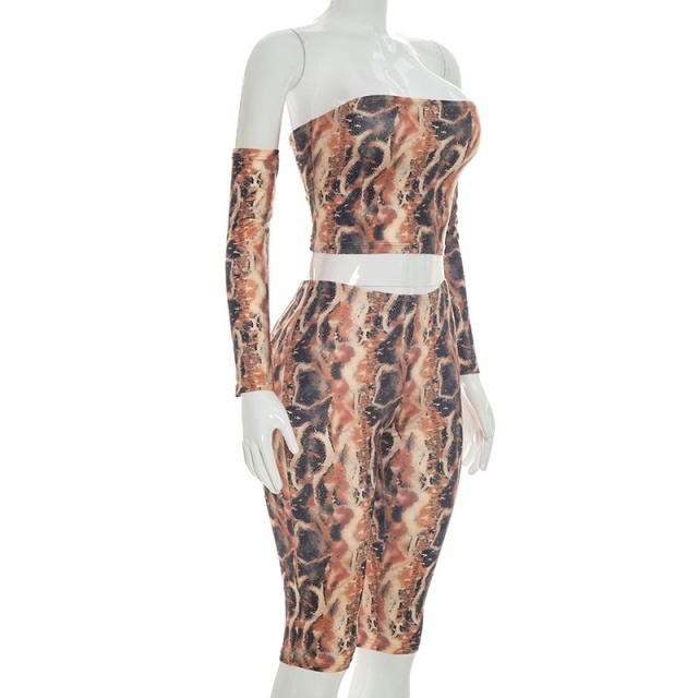Python-print Tube Top Fitted Cropped Pant Set 3 Pieces