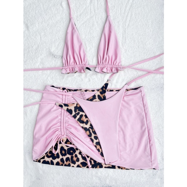 Ruched Skirt Bikini Set Reversible Swimwear 3 Pieces