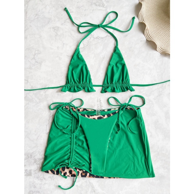 Ruched Skirt Bikini Set Reversible Swimwear 3 Pieces