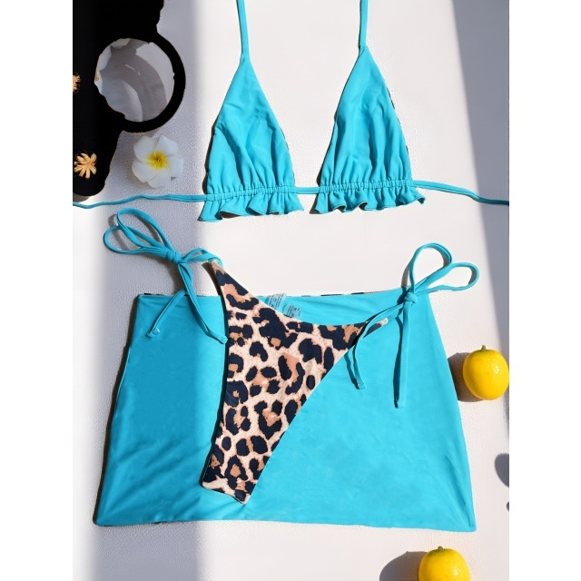 Ruched Skirt Bikini Set Reversible Swimwear 3 Pieces