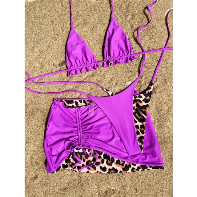 Ruched Skirt Bikini Set Reversible Swimwear 3 Pieces
