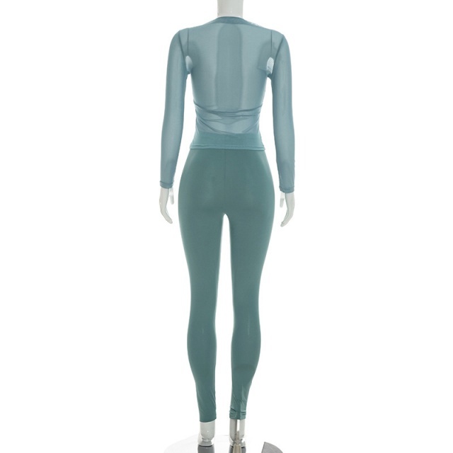 See Through Long Sleeve Top Skinny Pant Set