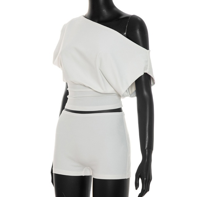 Single Shoulder Short-sleeve Top Fitted Short Set