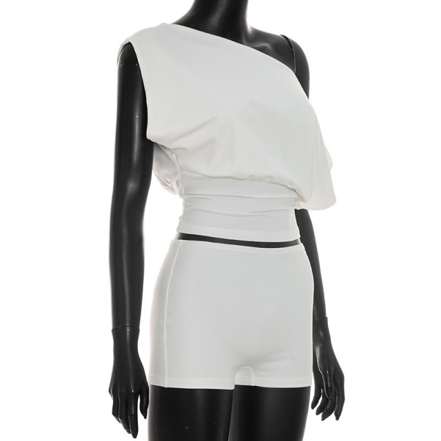 Single Shoulder Short-sleeve Top Fitted Short Set