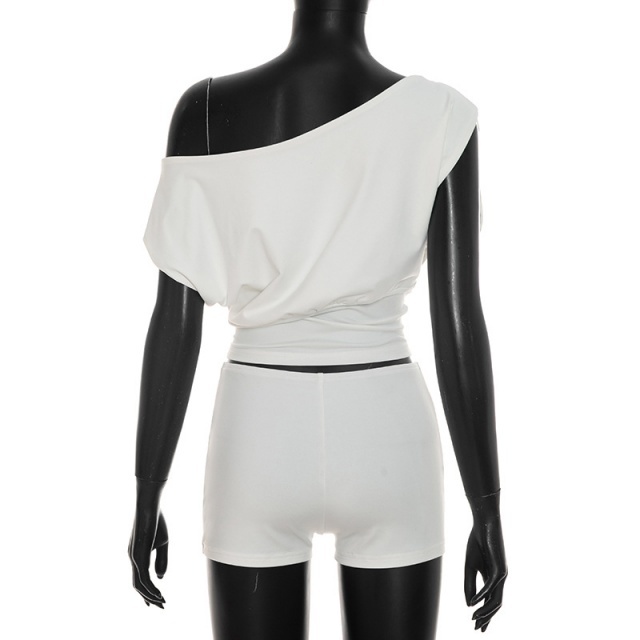 Single Shoulder Short-sleeve Top Fitted Short Set