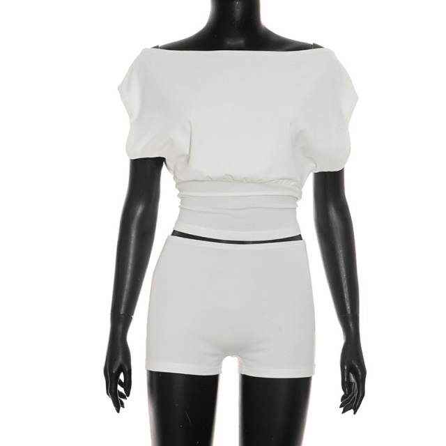 Single Shoulder Short-sleeve Top Fitted Short Set