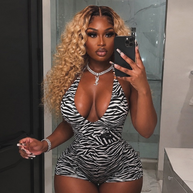 Zebra-print Halter Deep V-neck Backless Romper