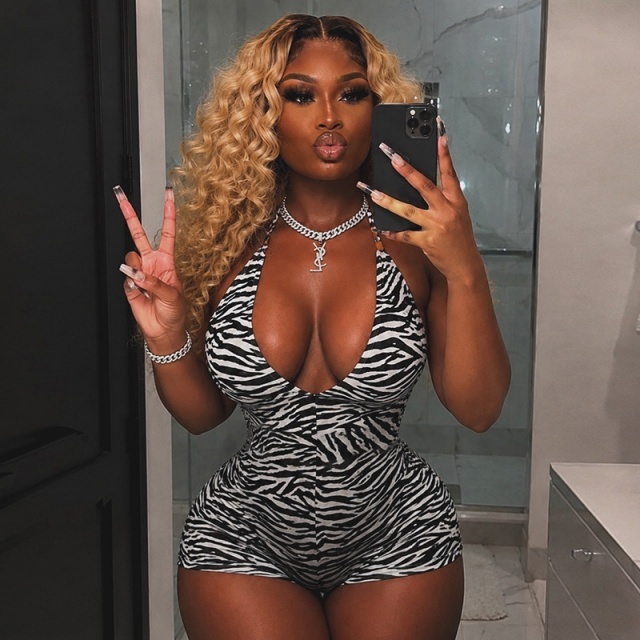 Zebra-print Halter Deep V-neck Backless Romper