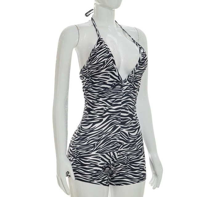 Zebra-print Halter Deep V-neck Backless Romper