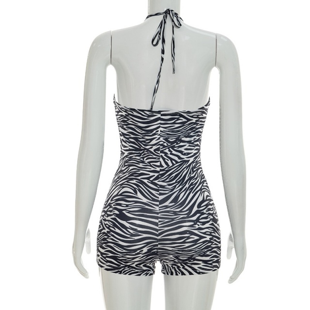 Zebra-print Halter Deep V-neck Backless Romper