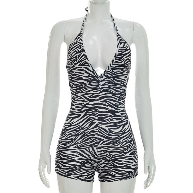 Zebra-print Halter Deep V-neck Backless Romper