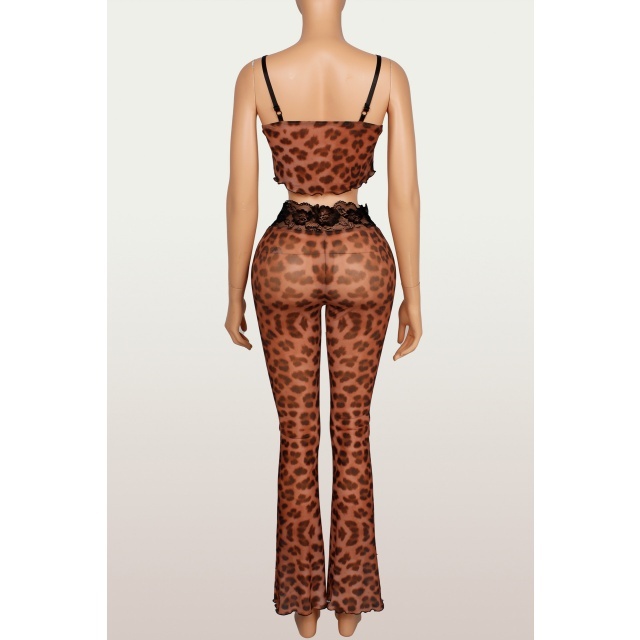 Leopard Print Lace Patchwork Slim-fit Camisole Top Pant Set