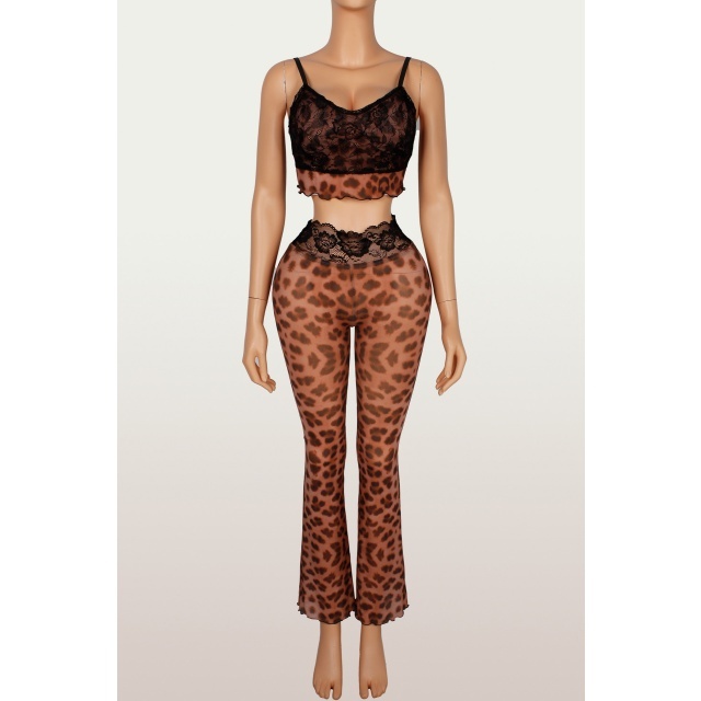 Leopard Print Lace Patchwork Slim-fit Camisole Top Pant Set