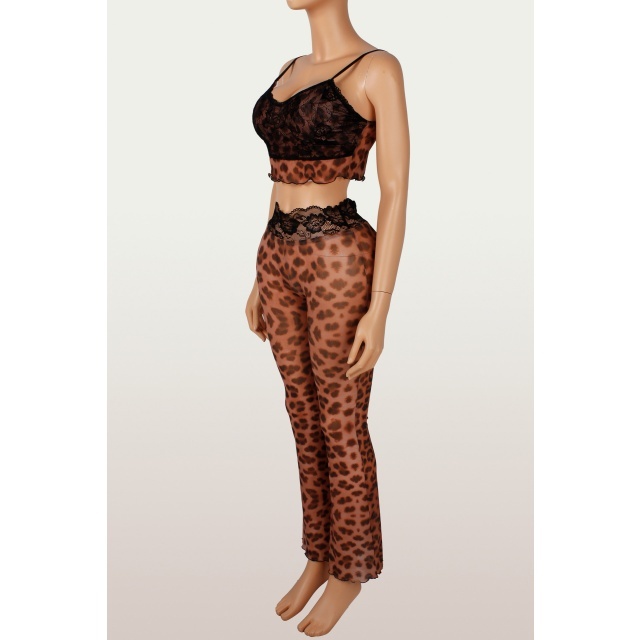 Leopard Print Lace Patchwork Slim-fit Camisole Top Pant Set