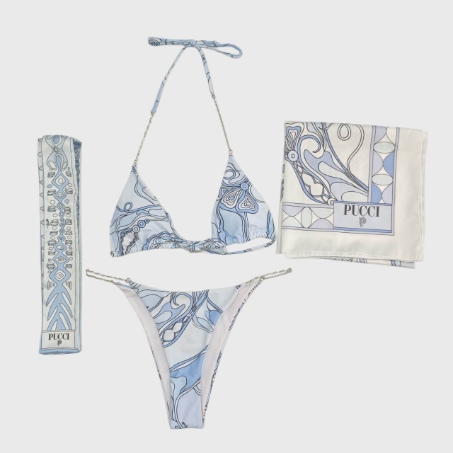 Printed Swimsuit Chains Bikini Set with Scarf