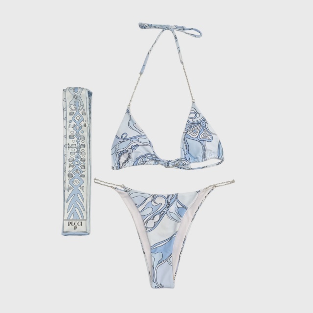 Printed Swimsuit Chains Bikini Set with Scarf