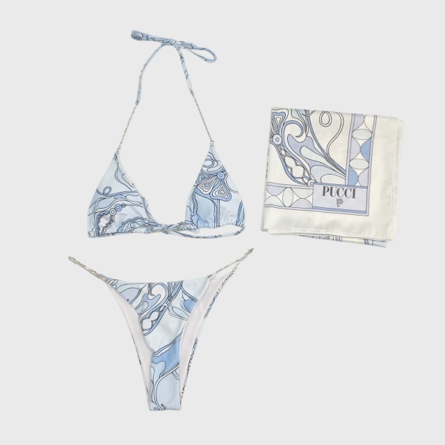 Printed Swimsuit Chains Bikini Set with Scarf