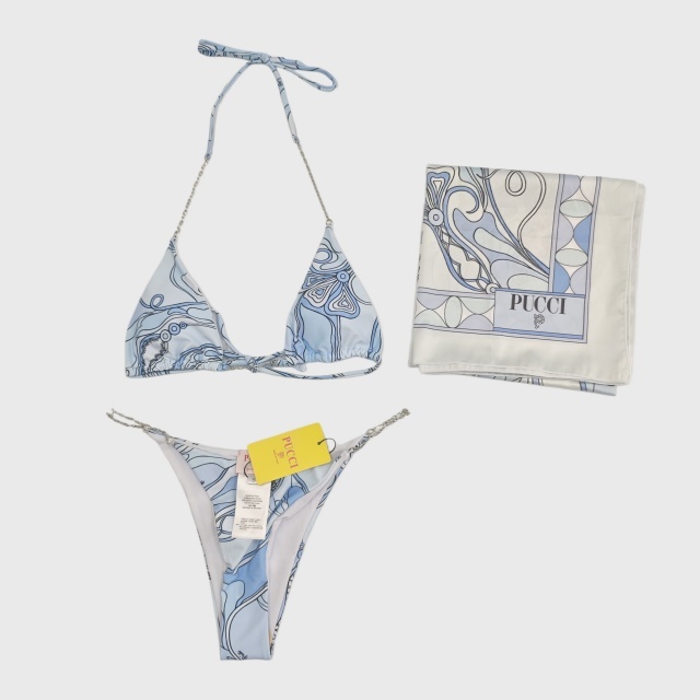 Printed Swimsuit Chains Bikini Set with Scarf