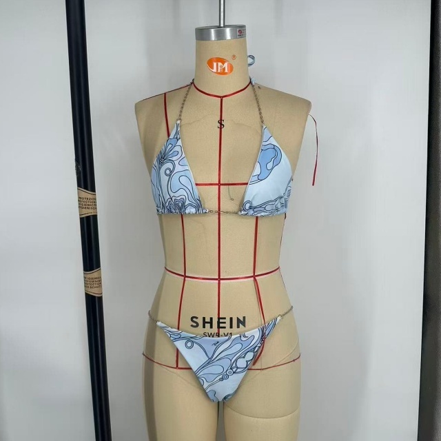 Printed Swimsuit Chains Bikini Set with Scarf