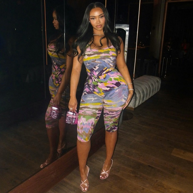 Colorful Camo Print Bodysuit Midi Pants Set