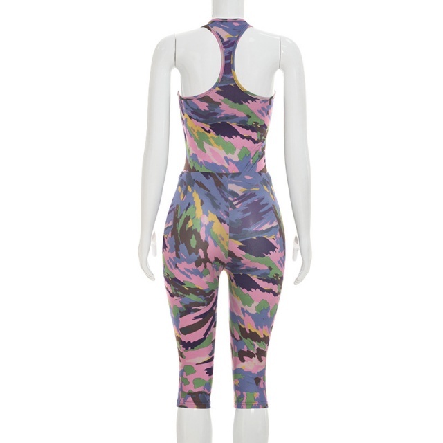 Colorful Camo Print Bodysuit Midi Pants Set