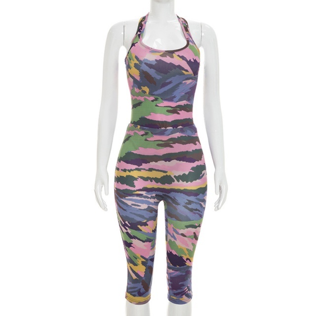 Colorful Camo Print Bodysuit Midi Pants Set