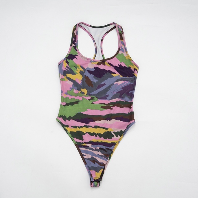Colorful Camo Print Bodysuit Midi Pants Set