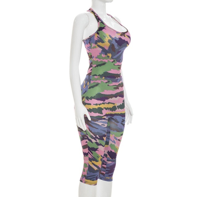 Colorful Camo Print Bodysuit Midi Pants Set
