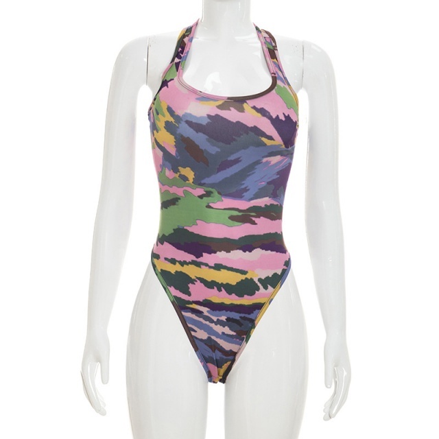 Colorful Camo Print Bodysuit Midi Pants Set