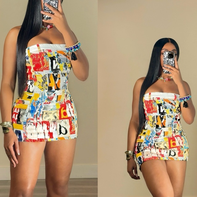 Colorful Printed Strapless Tube Bodycon Dress