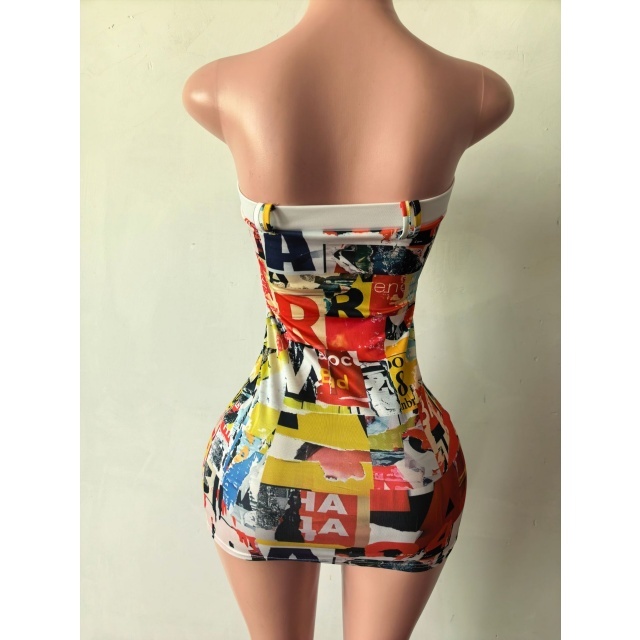 Colorful Printed Strapless Tube Bodycon Dress