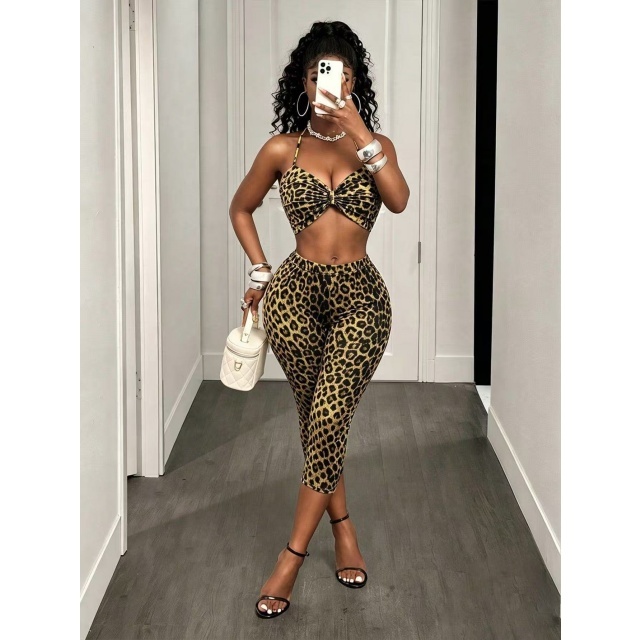 Leopard Printed Halter Crop Top Fitted Midi Pant Set