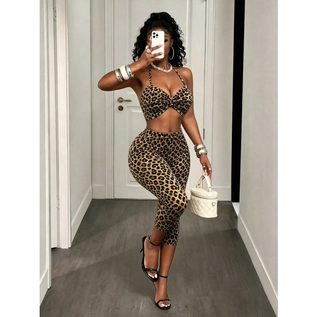 Leopard Printed Halter Crop Top Fitted Midi Pant Set