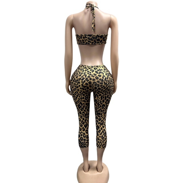 Leopard Printed Halter Crop Top Fitted Midi Pant Set