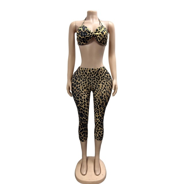 Leopard Printed Halter Crop Top Fitted Midi Pant Set