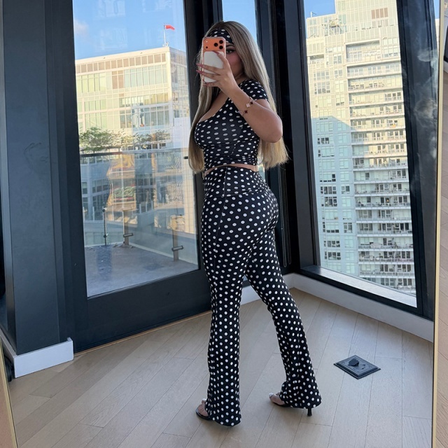 Dots Printed Cropped Top Flare Pant Set with Headscarf