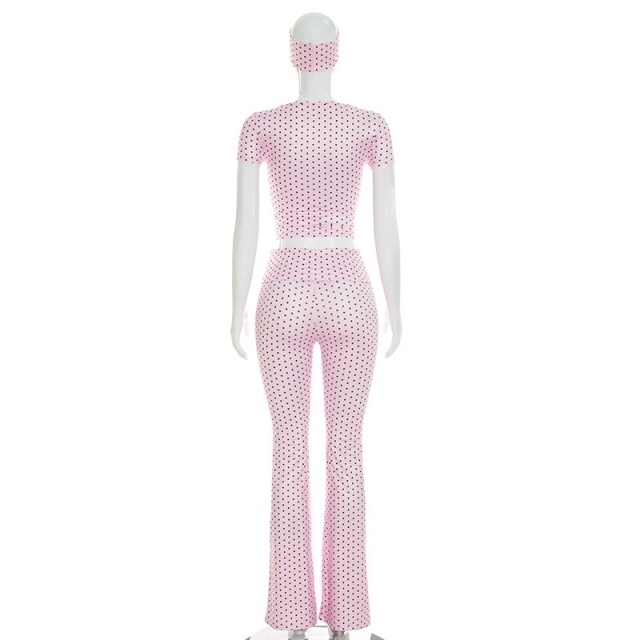 Dots Printed Cropped Top Flare Pant Set with Headscarf