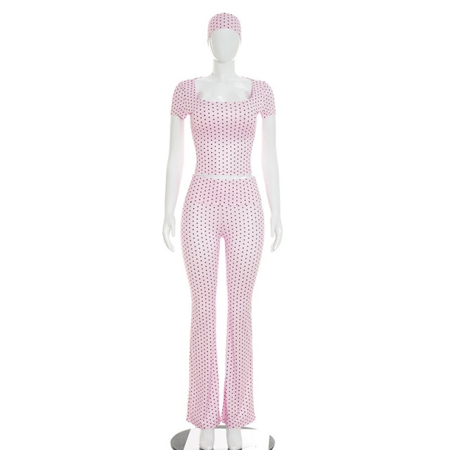 Dots Printed Cropped Top Flare Pant Set with Headscarf