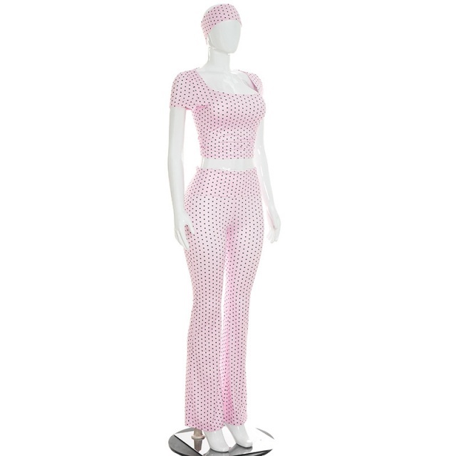 Dots Printed Cropped Top Flare Pant Set with Headscarf