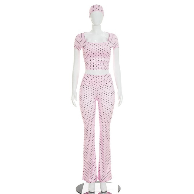 Dots Printed Cropped Top Flare Pant Set with Headscarf