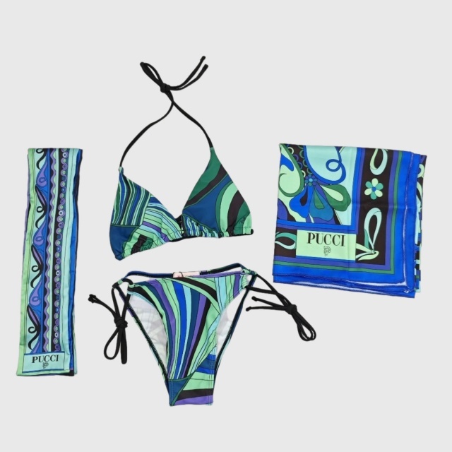 Green Printed Fashion Bikini Set with Scarf