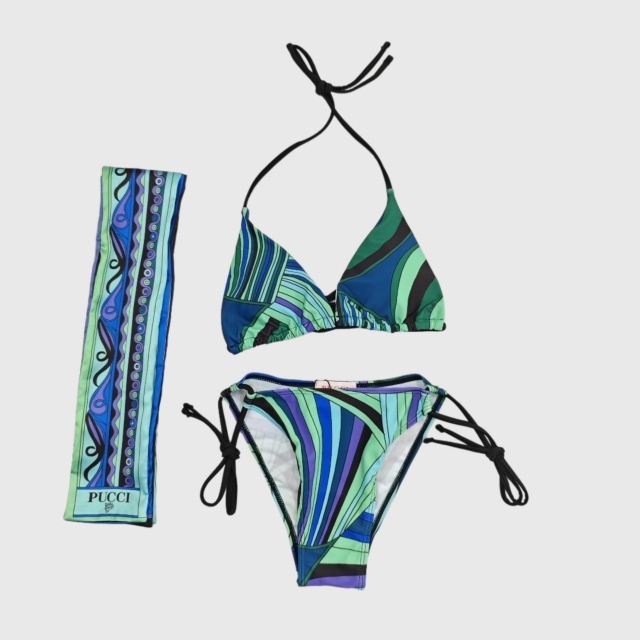 Green Printed Fashion Bikini Set with Scarf