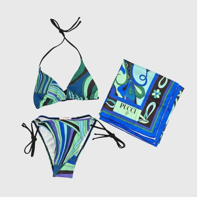 Green Printed Fashion Bikini Set with Scarf