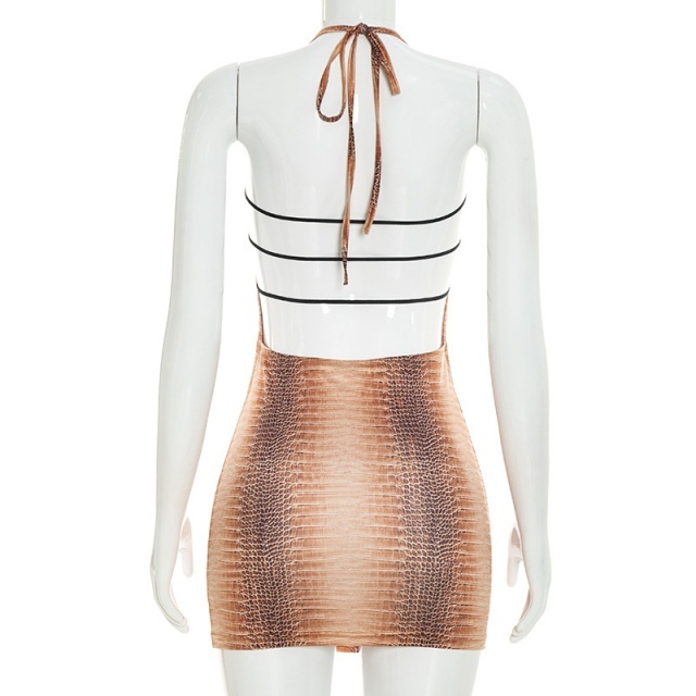Printed Halter Neck Backless Bodycon Dress