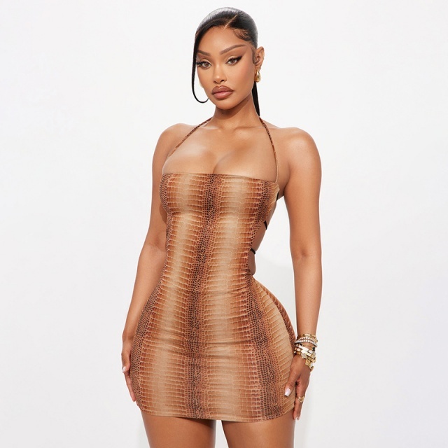 Printed Halter Neck Backless Bodycon Dress