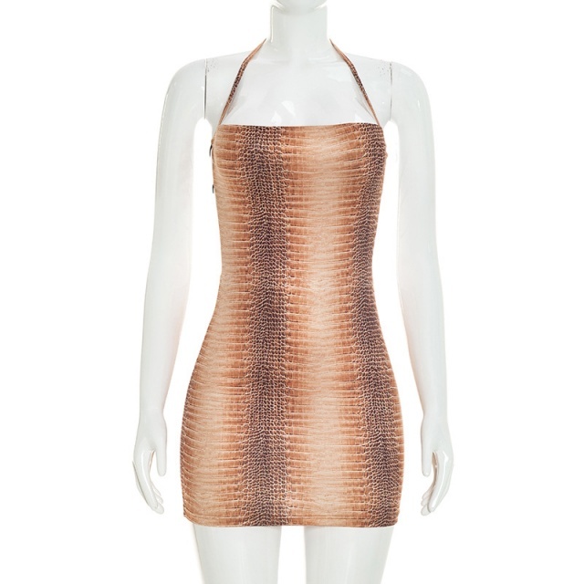 Printed Halter Neck Backless Bodycon Dress